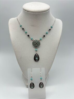 Vintage NR Brown & Turquoise Filigree Necklace & Earrings Set